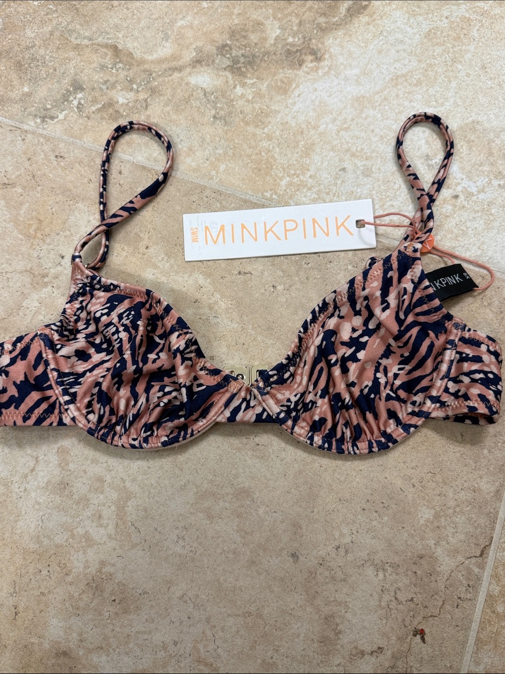 MINKPINK Navy & Peach Abstract Animal-Print Bikini Top NWT